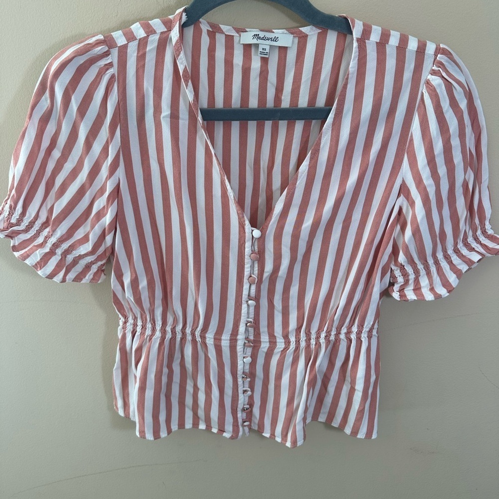 Madewell Rust and White Striped Button Front Peplum Top
